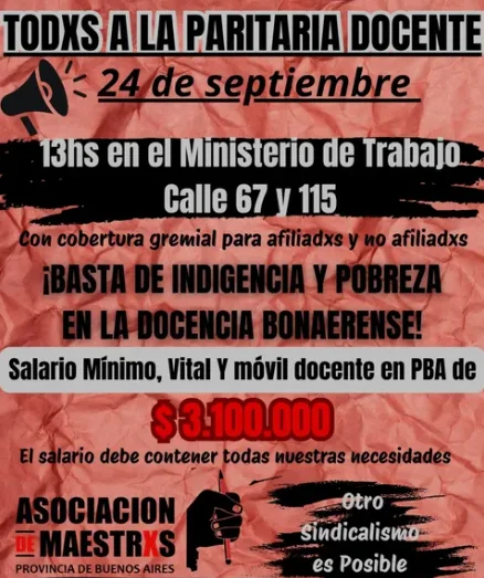 La Asociación de Maestrxs llamó a concentrarse este jueves 24 a las 13 frente al Ministerio de Trabajo.