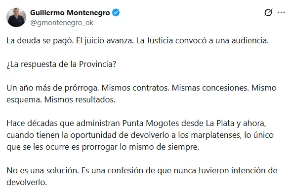 Montenegro cuestionó a la Provincia por el futuro de Punta Mogotes.