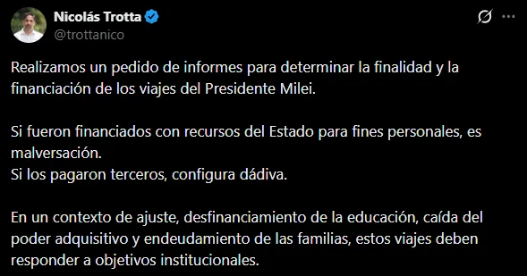 Diputados presionan a Milei con pedidos de informes por sus viajes