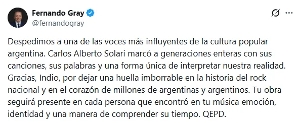 El intendente de Esteban Echeverría despidió en redes al Indio.