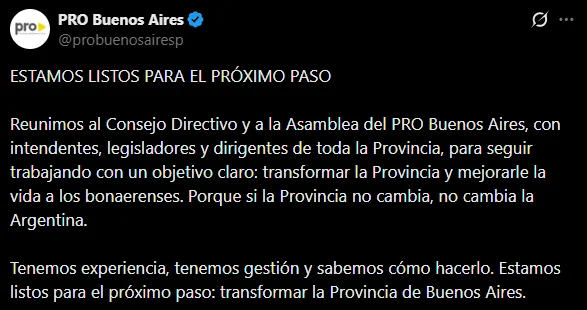 Mensaje del PRO bonaerense en X.