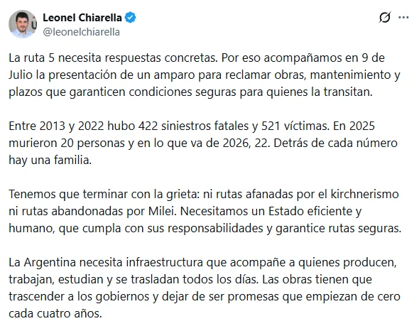 Leonel Chiarella en X tras el encuentro.