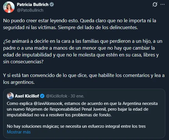 El posteo de Bullrich en respuesta a Kicillof.