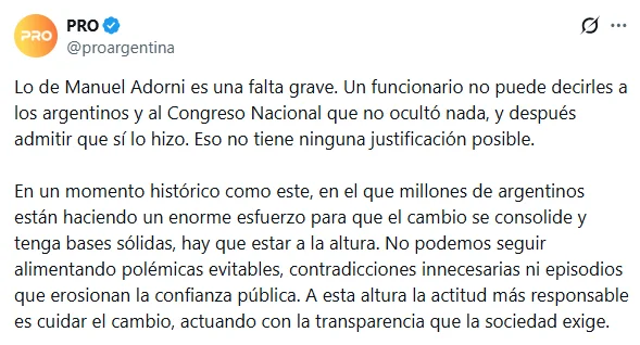 El mensaje público del PRO sobre el caso Adorni.