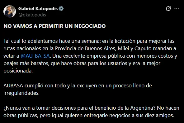 El descargo de Katopodis en X.