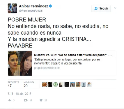 Aníbal Fernández tildó de “Pobre Mujer” a Gabriela Michetti