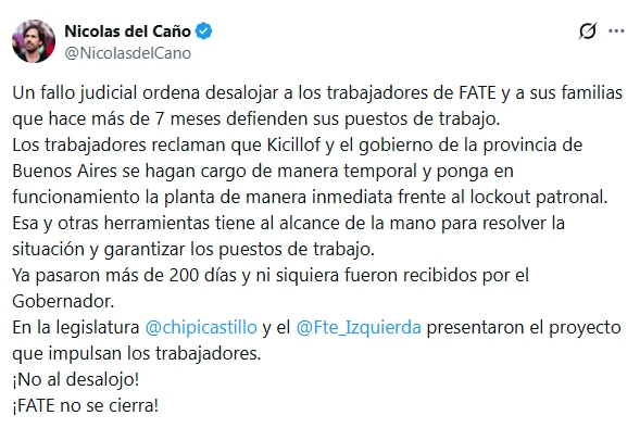 El mensaje de Del Caño este viernes en X.
