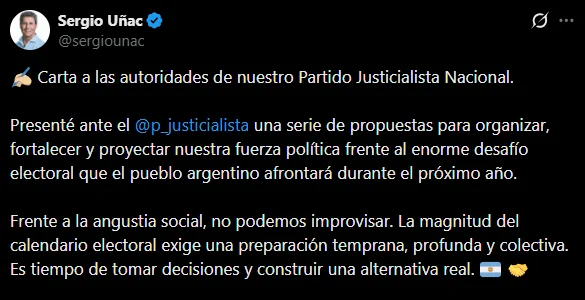 El anuncio de Uñac en X