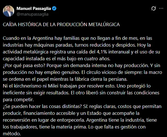 El legislador Manuel Passaglia se refirió a la "caída histórica de la producción metalúrgica". 