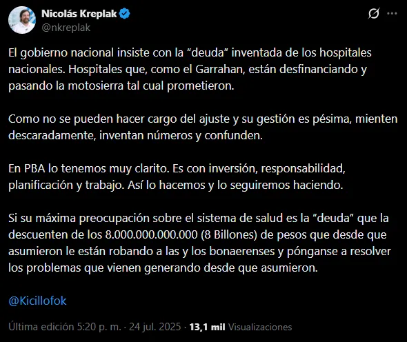 Kreplak sobre supuesta deuda en hospitales