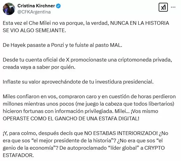 Cristina Kirchner acusa a Javier Milei de “convertir a Argentina en un casino”