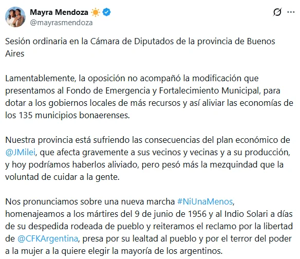 El descargo de Mendoza en X.