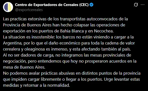 CIARA-CEC cuestionó las medidas de transportistas autoconvocados