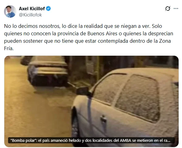 Kicillof aprovechó las postales de la ola polar para reforzar su reclamo.