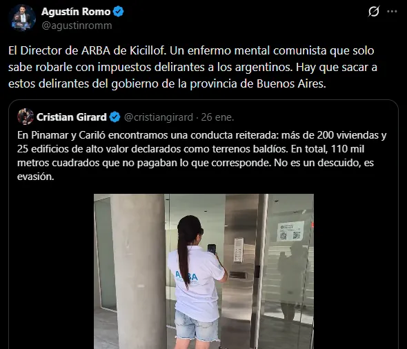 “Un enfermo mental comunista”: el ataque de Romo a Girard por un operativo de ARBA