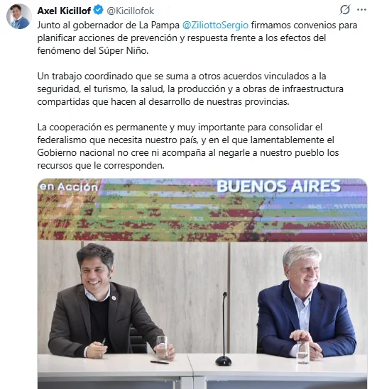 Kicillof y Ziliotto firmaron convenios para la prevención y mitigación de los efectos del fenómeno El Niño.