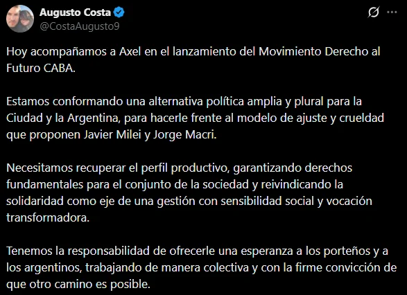 Costa en X tras el despegue del MDF CABA
