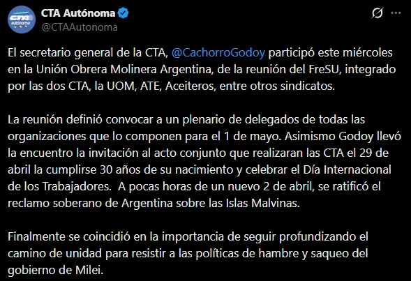 1 de Mayo: Sindicatos unidos acelera la organización, refuerza alianzas y sale a la calle con más presión 2 Las CTA realizarán un acto conjunto por el 30° aniversario