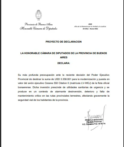 Minnaard contra la modernización del avión bonaerense