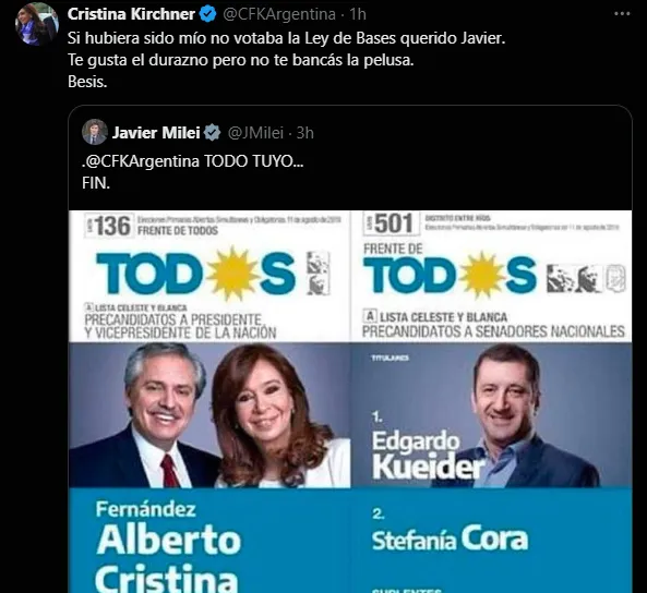 “No te bancás la pelusa”, Cristina a Milei por el caso Kueider