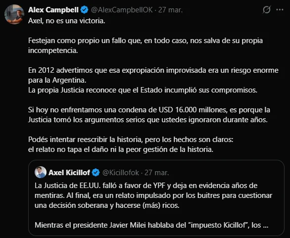 Campbell cruzó a Kicillof por el fallo de YPF