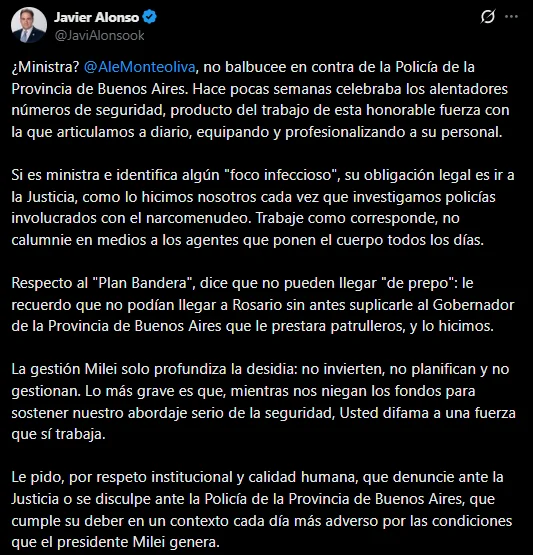 El posteo de Alonso en X