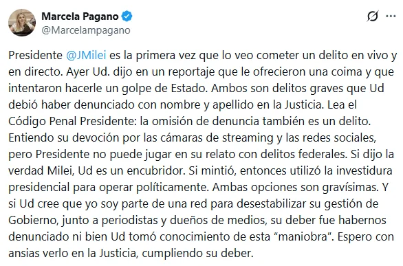 El descargo de Pagano en X