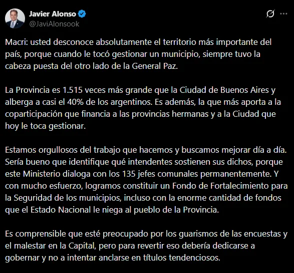 Alonso fulmina a Jorge Macri y deja al descubierto las inconsistencias de su discurso sobre la Provincia
