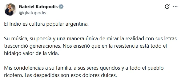 El ministro bonaerense de Infraestructura y Servicios Públicos dedicó un mensaje por la partida del ídolo.