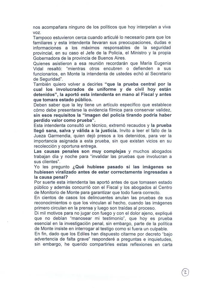 Masacre de Monte: la intendenta Mayol emitió una carta abierta