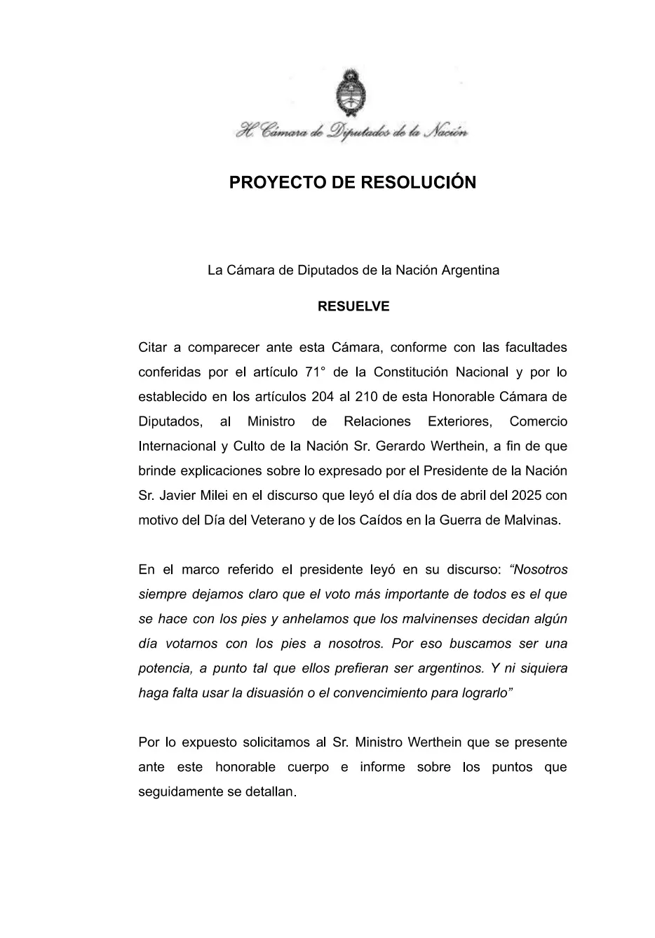 Proyecto de Resolución Diputados Werthein
