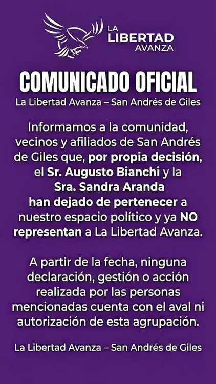 Comunicado de LLA en San Andrés de Giles.