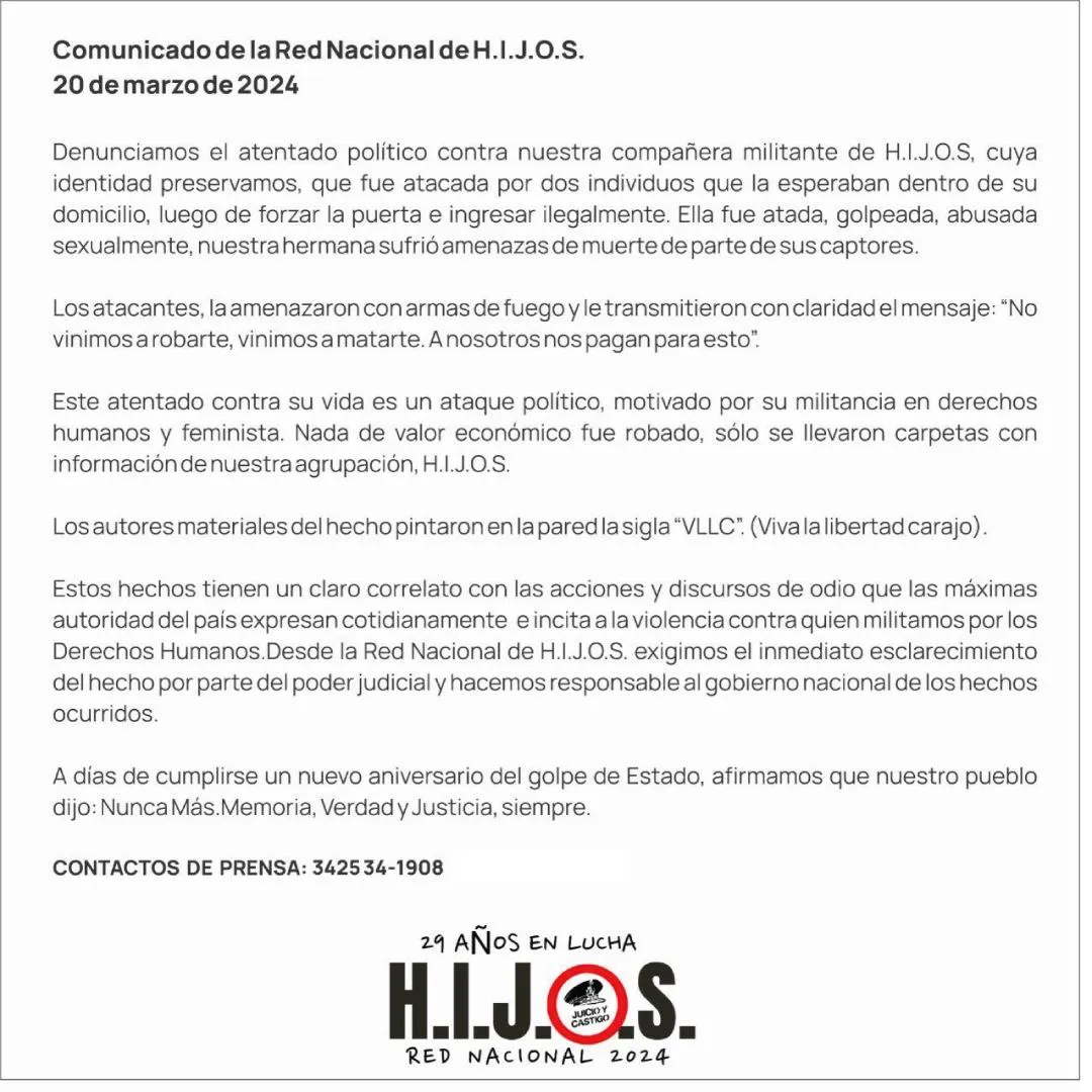 El comunicado completo de HIJOS.