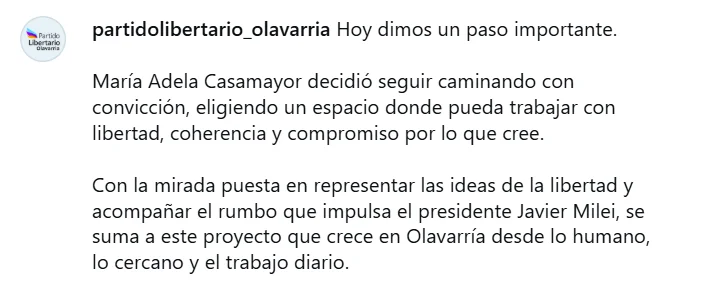 En Olavarría, la concejal Adela Casamayor dejó el bloque LLA tras meses de conflicto.