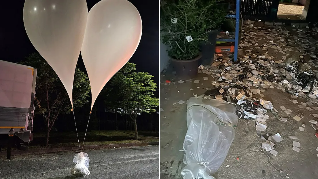 Globos con basura en una calle de la provincia de Chungnam, Corea del Sur.