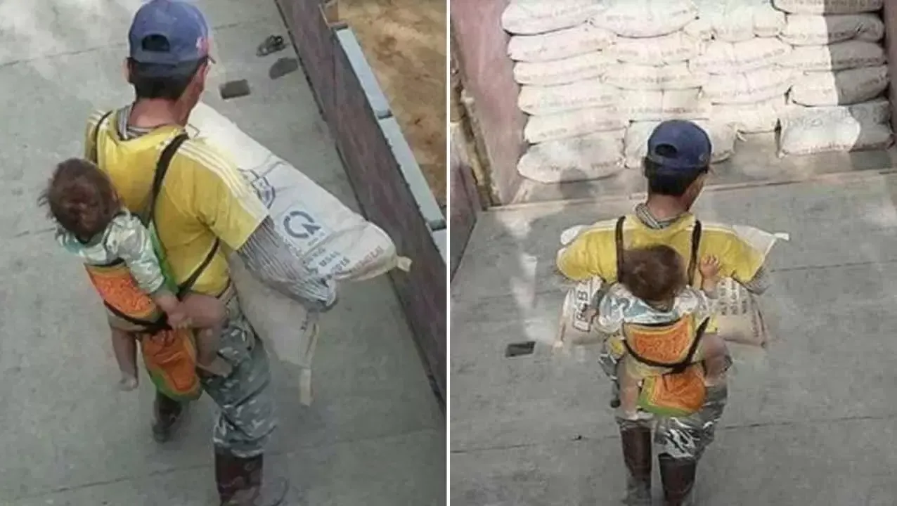 ¡Padre coraje! El albañil viudo que carga a su bebé mientras trabaja