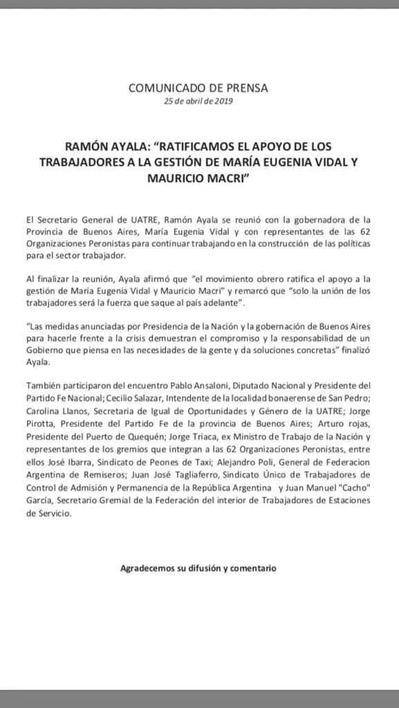 Ayala confirmó el apoyo de la UATRE a las gestiones de Macri y Vidal