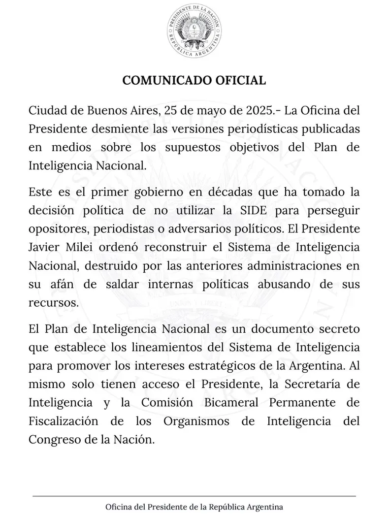 Comunicado Oficial Gobierno de Milei sobre la SIDE