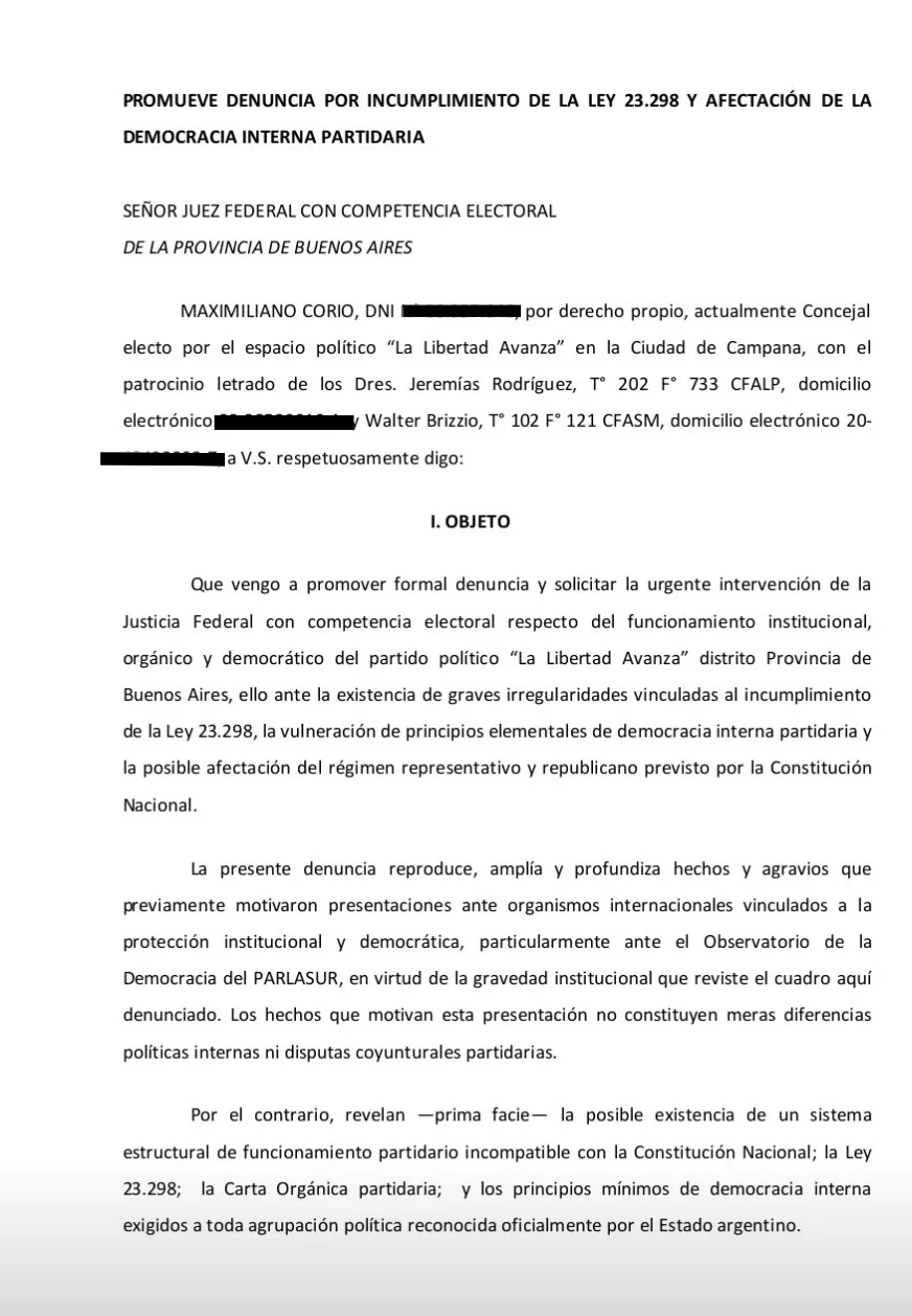 Concejal mileísta pidió a la Justicia electoral la intervención de La Libertad Avanza en la Provincia