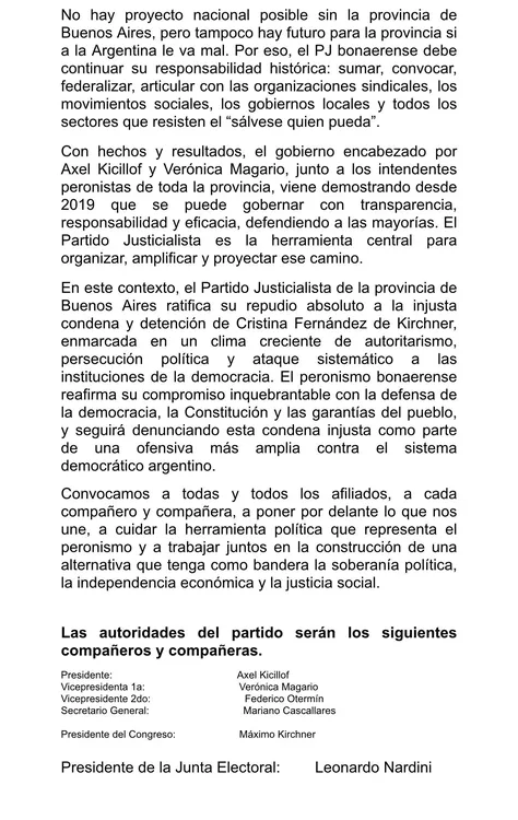 Comunicado PJ bonaerense