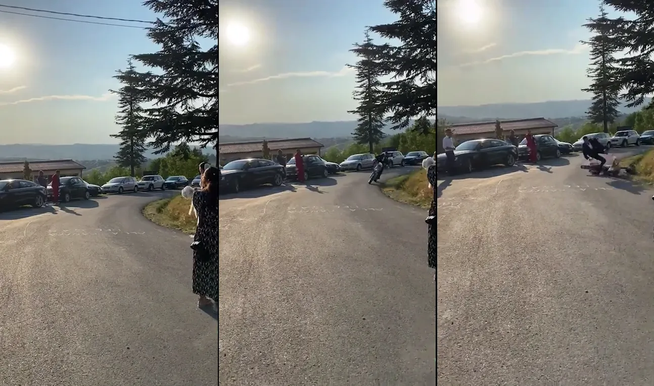 ¡Qué papelón! Entró a su boda en moto y sufrió una aparatosa caída: Mirá el video