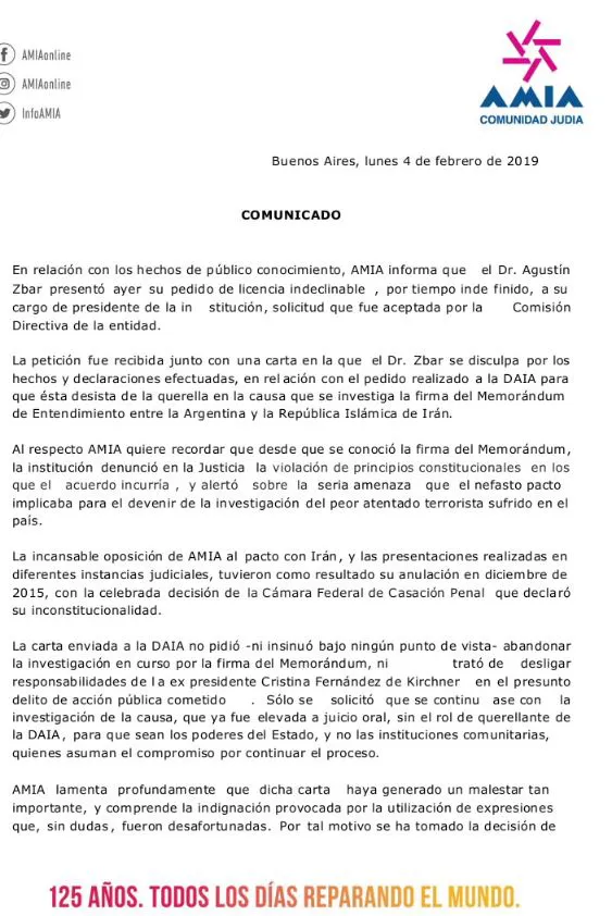 Tras la salida de Zbar, la AMIA le pidio a la DAIA no abandonar la causa contra Cristina Kirchner