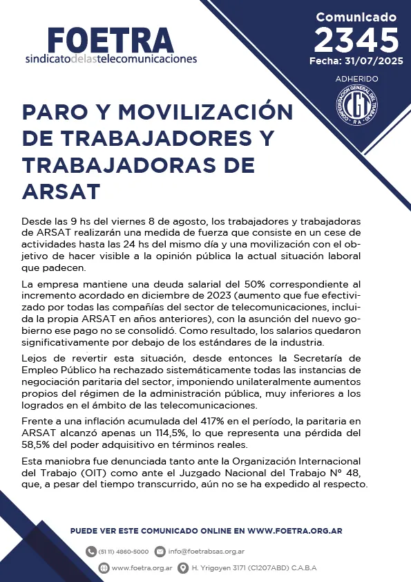 Paro y movilización de trabajadores de ARSAT