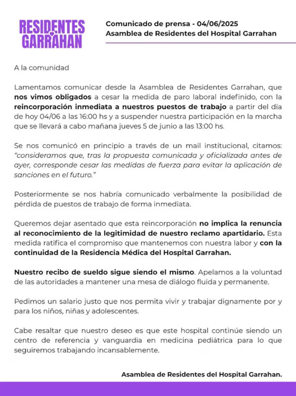 Residentes Hospital Garrahan Comunicado