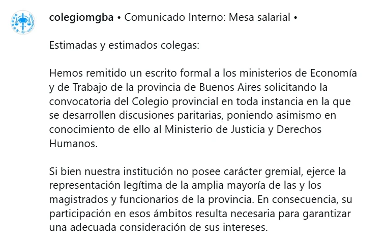 Comunicado del Colegio de Magistrados y Funcionarios de la Provincia