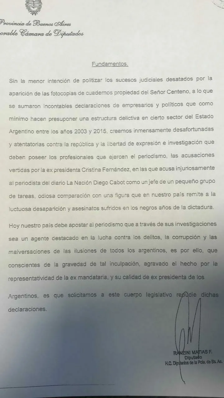 Ranzini presentó un proyecto de repudio contra CFK