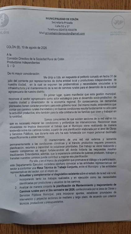 Carta de la Municipalidad de Colón a productores rurales