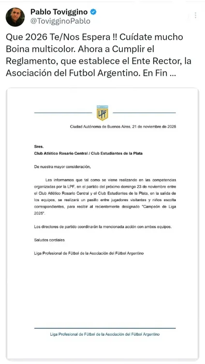 Comunicado de Pablo Toviggino