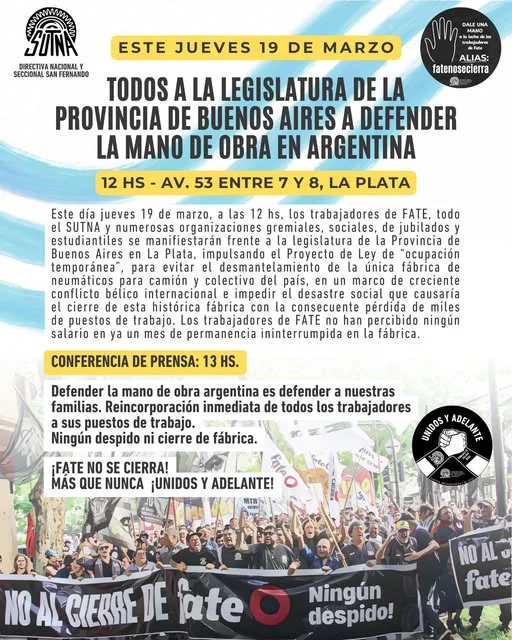 Trabajadores de FATE convocan a una manifestación en la Legislatura