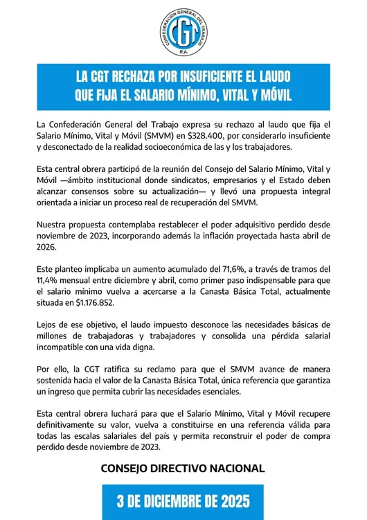CGT rechaza Salario Mínimo